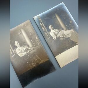 2 Antique Early 1900s RPPC Postcards Older Couple In Rocking Chair Kitchen